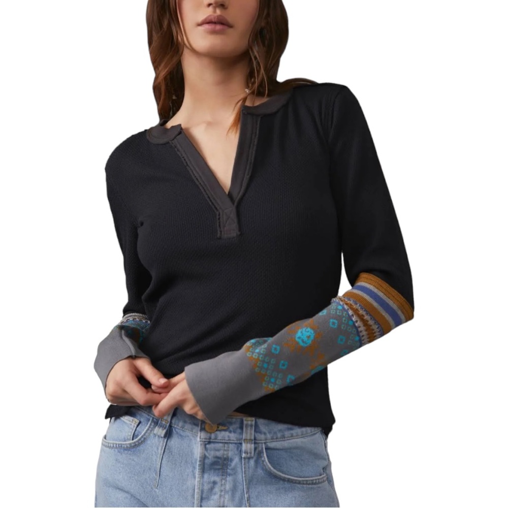 Free People Black and Gray V-Neck Blouse